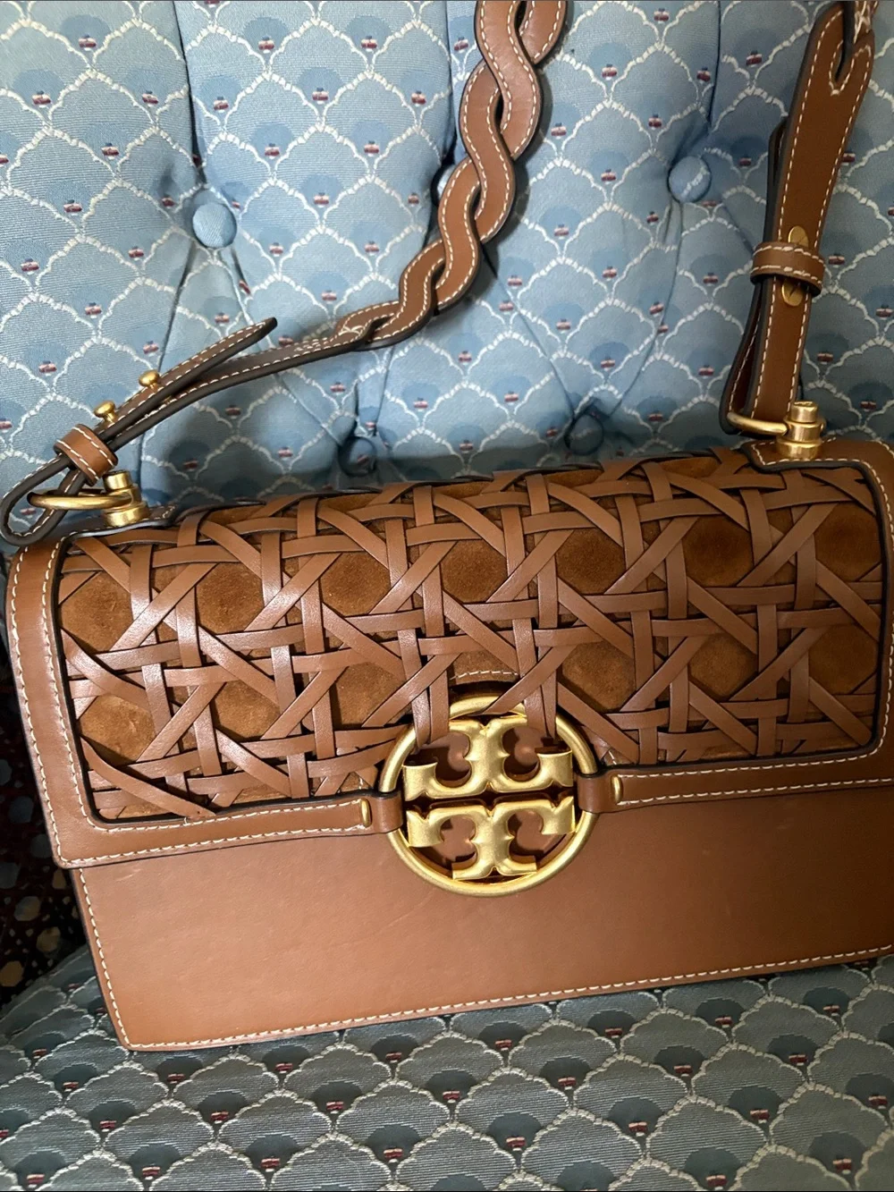 Tory Burch Brown Miller Leather Basketweave Shoulder Bag